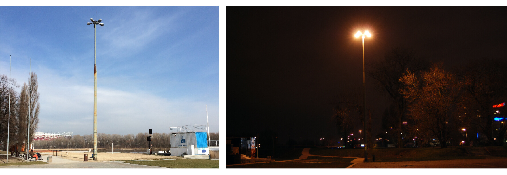 Il. 6: Przykłady oświetlenia stanowiącego element wolnostojący w miejskim wnętrzu krajobrazowym – dzienny (po lewej stronie) i nocny (po prawej stronie) wygląd latarni stojącej na Płycie Desantu w Warszawie (fot. K. Wlazło-Malinowska 13.12.2014). Źródło: opracowanie własne.