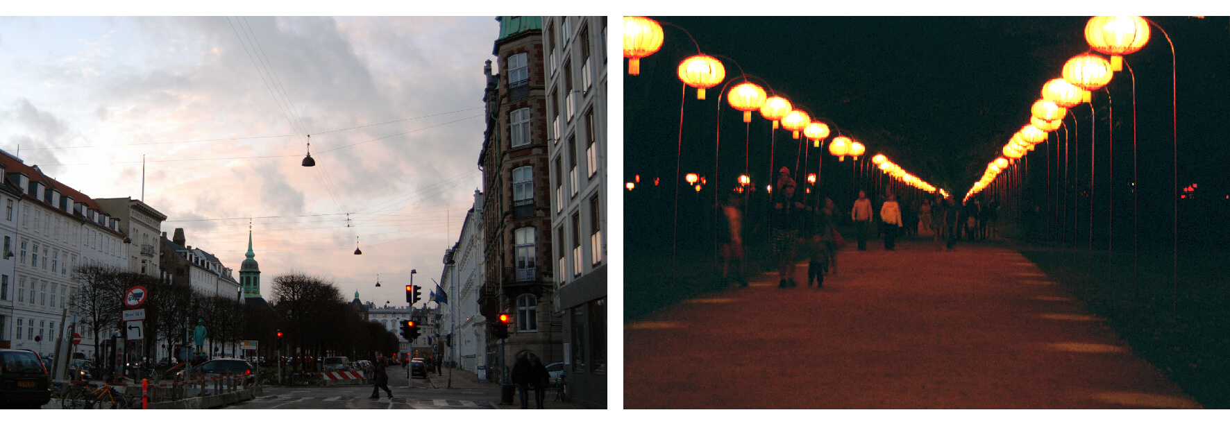 Il. 3: Przykłady wykorzystania światła do budowania stropu miejskiego wnętrza krajobrazowego. Po lewej stronie – drogowe oprawy oświetleniowe wraz z naciągami, a także światło słoneczne ukazujące nieboskłon współtworzą strop ulicy w Kopenhadze (fot. K. Wlazło-Malinowska 12.11.2010). Po prawej stronie – oświetlenie głównej alei kompozycyjnej w parku Tivoli w Kopenhadze wzmacnia wrażenie domknięcia wnętrza stropem światła (fot. K. Wlazło-Malinowska 15.11.2010). Źródło: opracowanie własne.